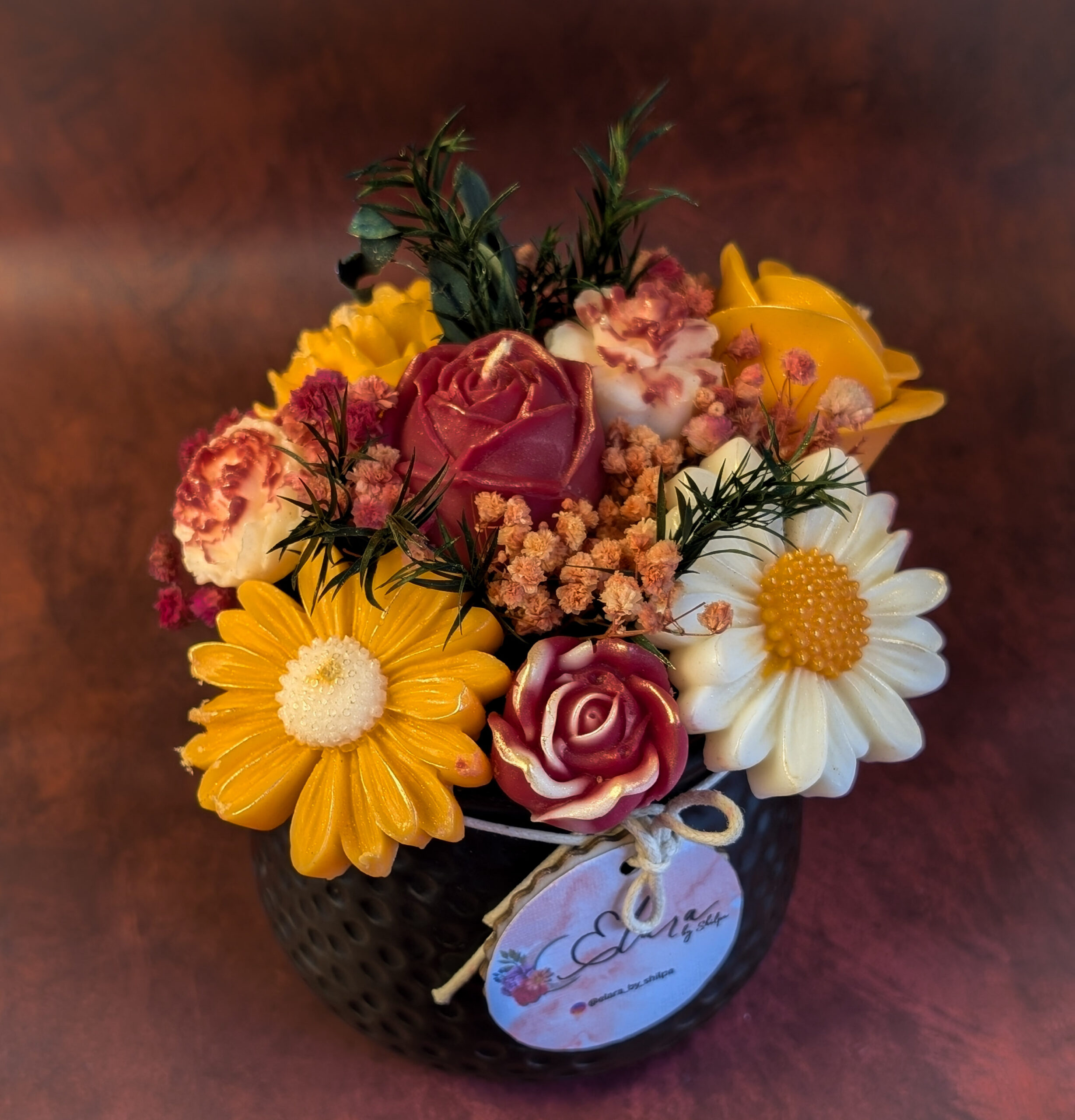 Ceramic Bouquet Candle – Black Textured Planter - Image 2