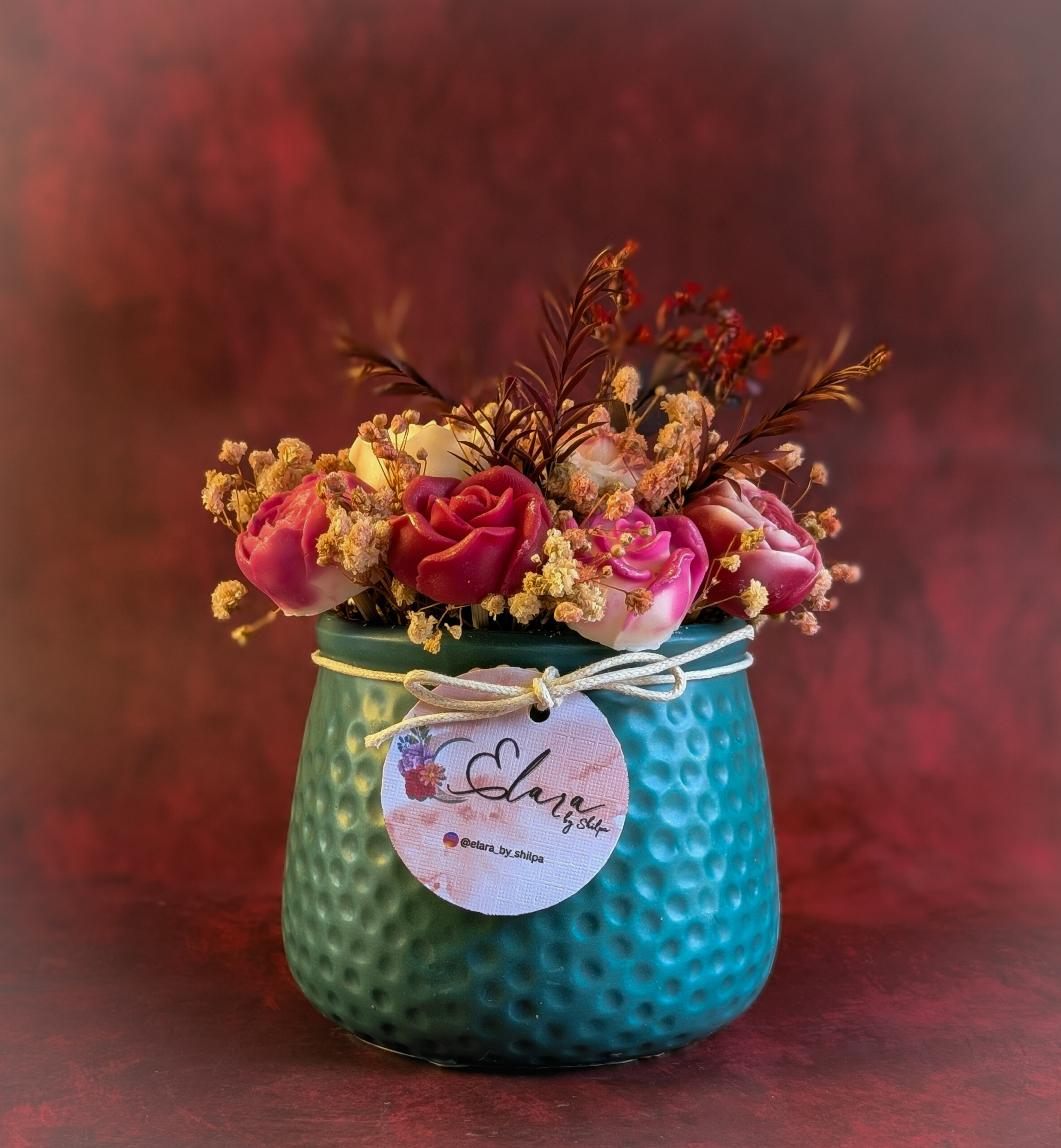 Ceramic Bouquet Candle – Teal Textured Planter