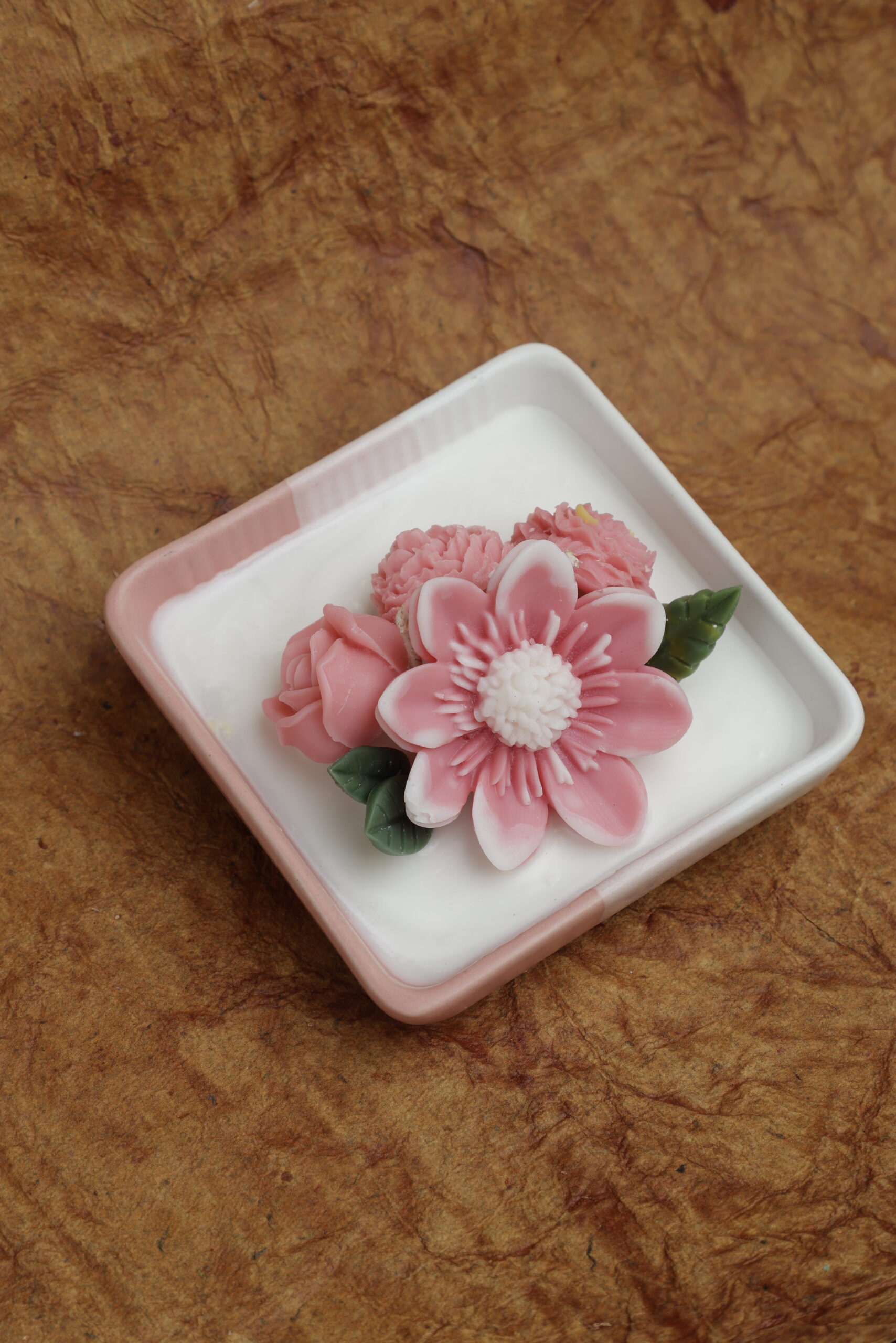 Petal Glow Candle – Handcrafted Floral Candle in Square Ceramic Bowl