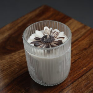 Ivory Bloom Candle – Handcrafted Floral Candle in Ribbed Glass