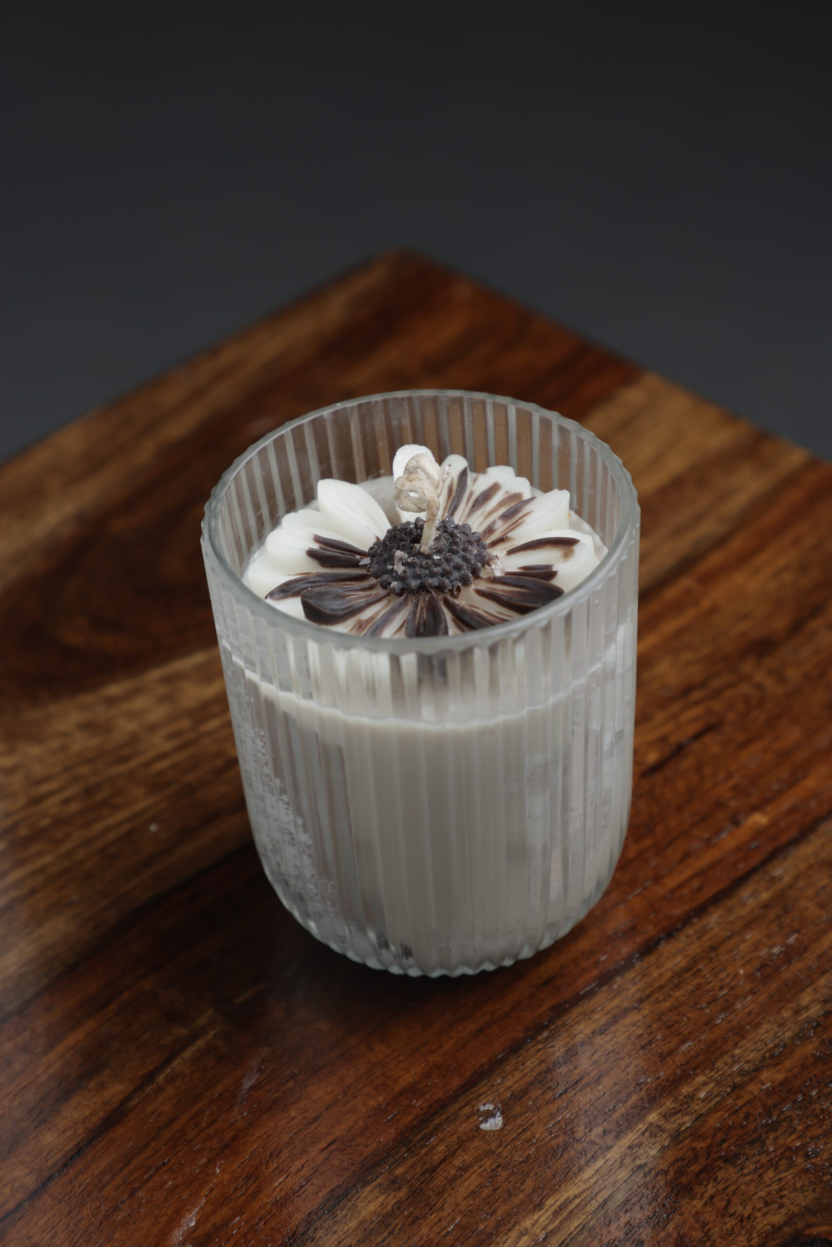Ivory Bloom Candle – Handcrafted Floral Candle in Ribbed Glass